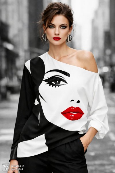 Модная женщина в стильном асимметричном топе с ярким графическим принтом и красными губами. Картинка из нейросети Sora Image