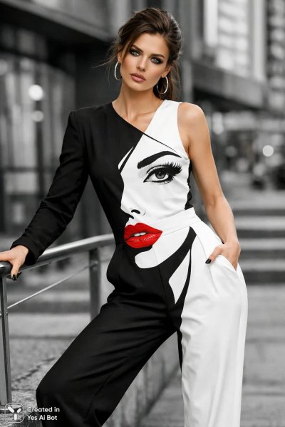 Стильная женщина в модной комбинезоне с графическим лицом и яркой позой. Изображение из нейронной сети Sora