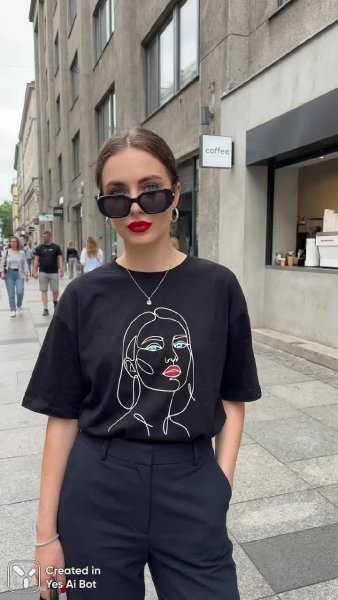 Стильный городской образ современной женщины с ярким акцентом на губах и загадочным принтом. Изображение из нейросети Nano Banana