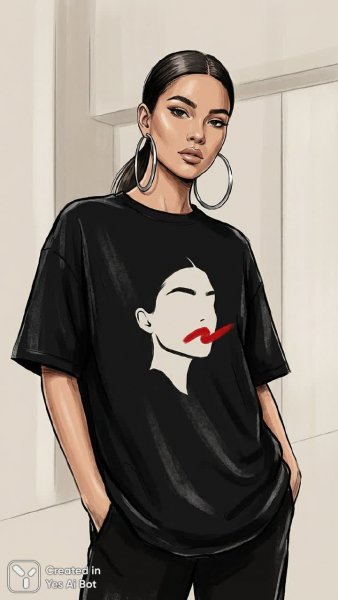 Стильная женщина в черной футболке и яркими губами. Изображение из нейронной сети NanoBanana