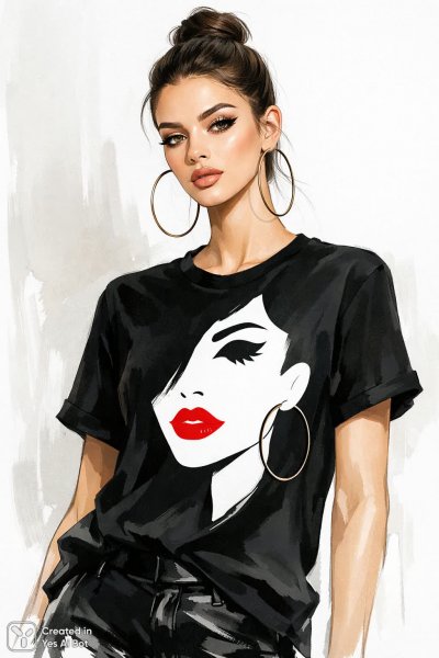 Современная мода: стильная иллюстрация женского образа в черном топе. Картинка из нейронной сети Sora images Ai