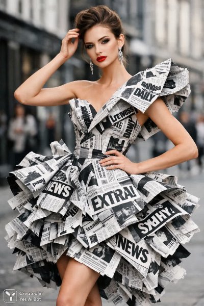 Необычный наряд из газетной бумаги и яркие губы. Генерация из нейронной сети Sora Image