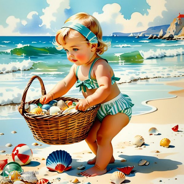 Нежная акварель: винтажный отдых малыша на морском берегу в стиле Ильзу Венде-Лунгерсхаузен. Генерация из нейронной сети Stable Diffusion