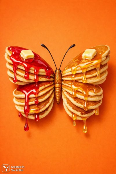 Панкейк-бабочка: яркий десерт на апельсиновом фоне в минималистичном стиле. Изображение из нейросети Sora Image