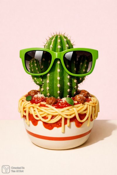 Кактус-гурман: Веселье в пастельных тонах и творческий подход к еде. Картинка из нейронной сети Sora images Ai