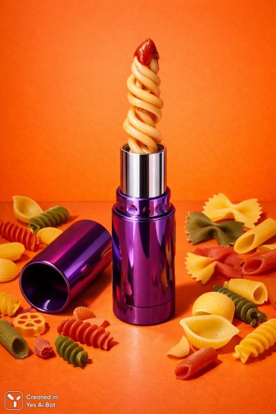 Губная помада и спагетти: сюрреалистичный шедевр в стиле поп-арт. Картинка из нейронной сети Sora Images
