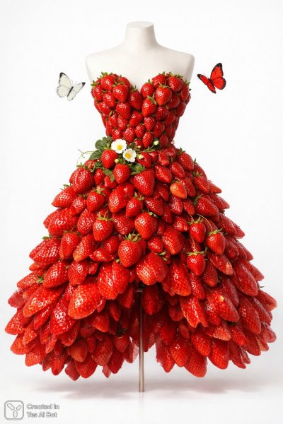 Клубничное платье: сюрреалистичная фантазия в ярких тонах. Картинка из нейросети Sora