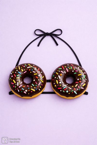 Нежные пончики: сюрреалистичная бикини-композиция с шоколадом и брызгами. Генерация из нейронной сети Sora Image