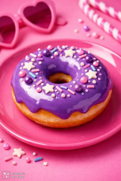 Фиолетовый пончик на розовой тарелке: яркая и аппетитная фотография десерта. Нейронная сеть Sora Ai Images
