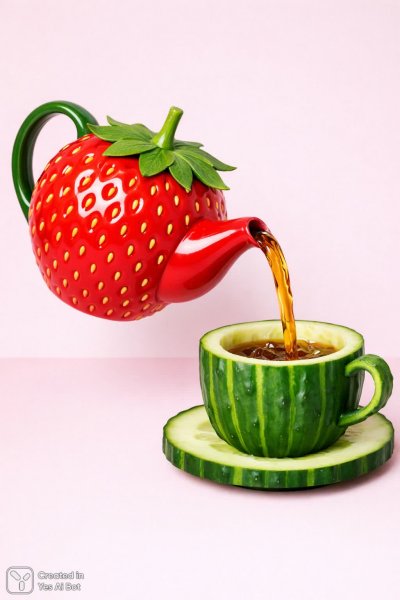 Клубничная чайница и огуречный стакан: сюрреалистичное чаепитие. Генерация из нейросети Sora images Ai
