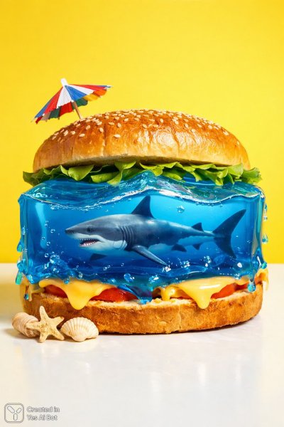 Сюрреалистичный сэндвич в синем море желе с акулой внутри. Нейронная сеть Sora Image