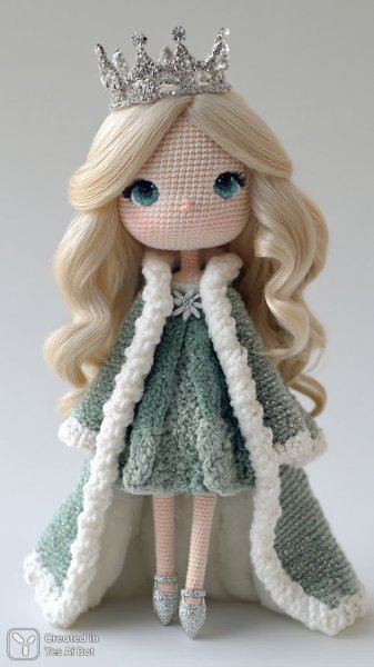 Кукла ручной работы в блестящем наряде и серебряной короне возле елки. Нейросеть Midjourney