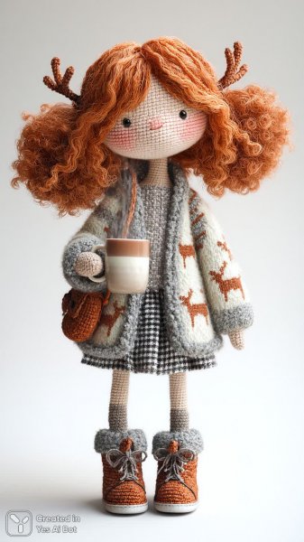 Объемная кукла амигуруми с рыжими косичками и чашкой какао. Картинка из нейронной сети Миджорни