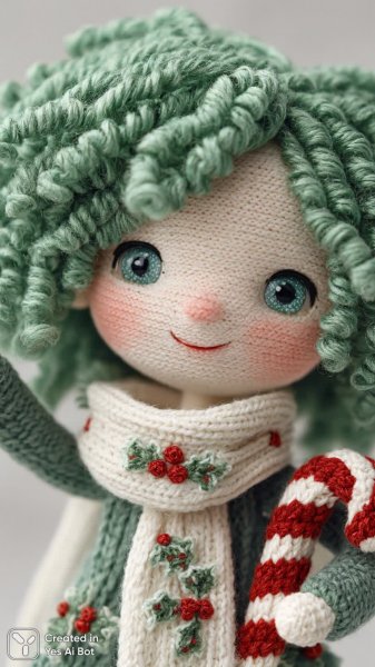 Милая вязаная кукла с зелеными локонами и синими глазами в праздничном наряде. Нейронная сеть Миджорни
