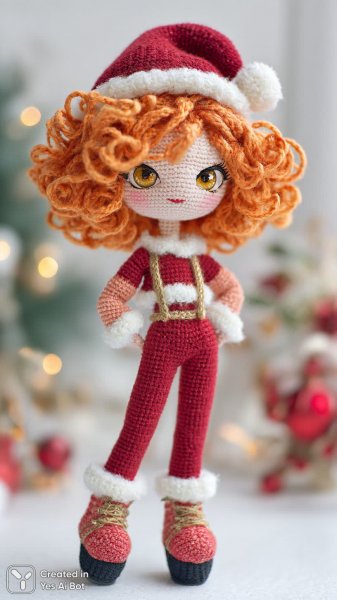 Новогодняя кукла ручной работы в ярком праздничном костюме и колпаке Санты. Нейронная сеть Midjourney