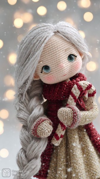 Зимняя сказка вязаной куклы: золото, серебро и радость праздника. Изображение из нейросети Midjourney