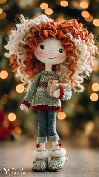 Милая кукла-амигуруми в новогоднем настроении и с подарком у елки. Генерация из нейросети Миджорни