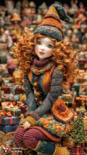 Милая кукла-эльф с рыжими волосами и праздничным настроением. Генерация из нейросети Midjourney