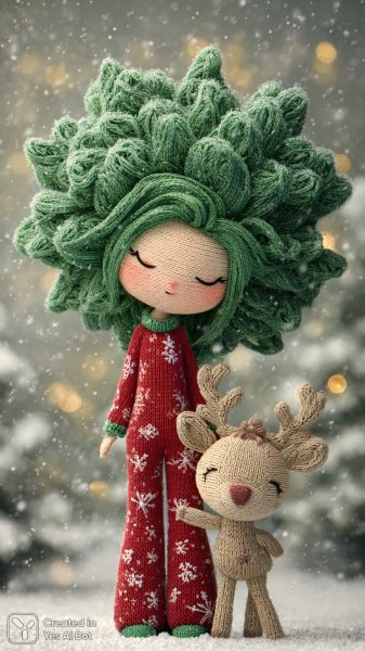 Вязаная кукла с зелёными волосами в форме елки и зимним настроением. Нейросеть Midjourney