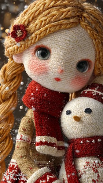 Зимняя сказка вязаной куклы с золотыми волосами и снеговиком в заснеженном пейзаже. Изображение из нейросети Midjourney