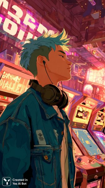 Яркий портрет стильного парня в неоновом аркаде с пиксельной атмосферой и дерзким настроением. Генерация из нейросети Midjourney