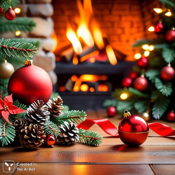 Рождественская сказка: уютный натюрморт в стиле DALL-E 3 с горящей свечой и еловыми ветками. Изображение из нейросети Stable Diffusion