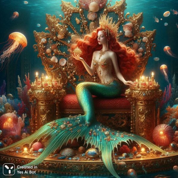 Морская царица: русалка на золотом троне в подводном дворце. Изображение из нейронной сети Dalle