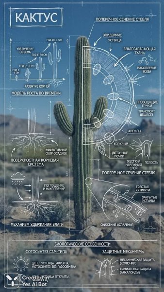 Анатомия кактуса: чертежи, схемы и биологические особенности в русском стиле. Генерация из нейросети Nano Banana