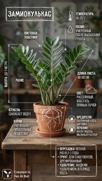 Замиокулькас: подробное ботаническое руководство с иллюстрациями и схемами. Нейросеть Нано Банана