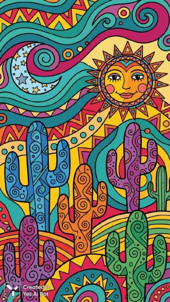 Яркий пейзаж кактусов и абстрактные мотивы. Изображение из нейросети Nano Banana