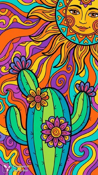 Яркий кактус на красочном абстрактном фоне с игривым настроением и солнечными декорациями. Генерация из нейронной сети NanoBanana