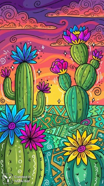 Яркий кактус под закатом: игривые узоры и декоративные цветы в стиле мультфильма. Картинка из нейросети Nano Banana