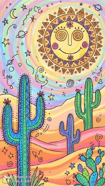 Яркий пейзаж пустыни психоделия и причудливые кактусы в наивном стиле. Картинка из нейросети NanoBanana