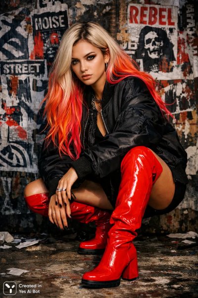 Девушка в кожаной куртке и красных ботинках на фоне граффити городской стены. Генерация из нейросети Sora Ai Images