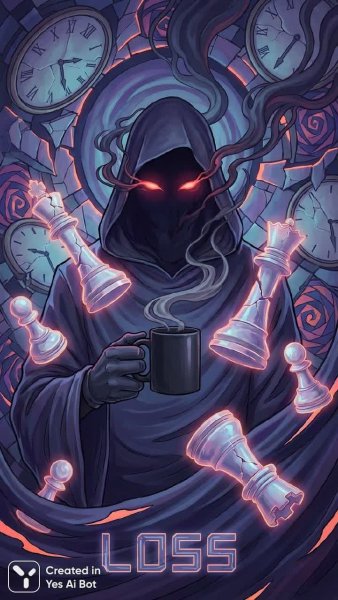 Тёмный вампир с шахматными фигурами и чашкой кофе символизирует утрату. Картинка из нейросети NanoBanana