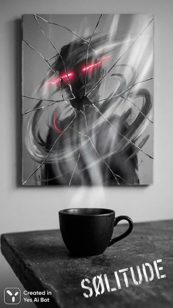 Зеркало трещин и неоновый взгляд: одиночество в отражении теней. Изображение из нейросети Нано Банана