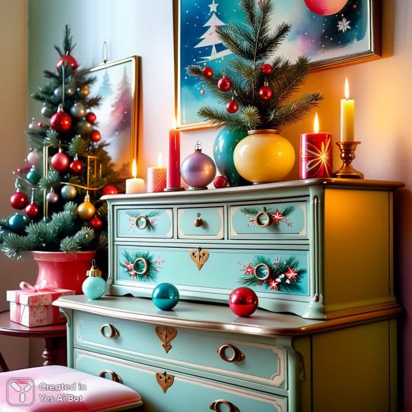 Новогоднее чудо в винтажном стиле: ретро открытка с волшебным натюрмортом. Изображение из нейросети Стейбл Дифьюжен