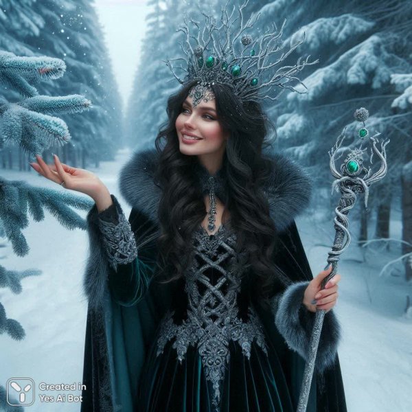 Лесная королева: загадочная встреча в заснеженном волшебном лесу. Картинка из нейросети Dalle