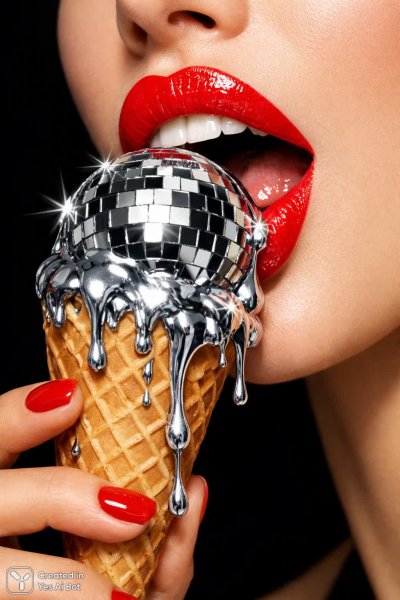 Яркая вульгарность: мороженое диско и алое соблазнение в деталях. Генерация из нейросети Sora Ai Images