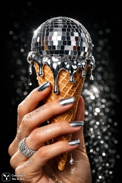 Блеск и сладость: фотореалистичный кадр с мороженым и диско-шаром. Генерация из нейросети Sora Ai Images