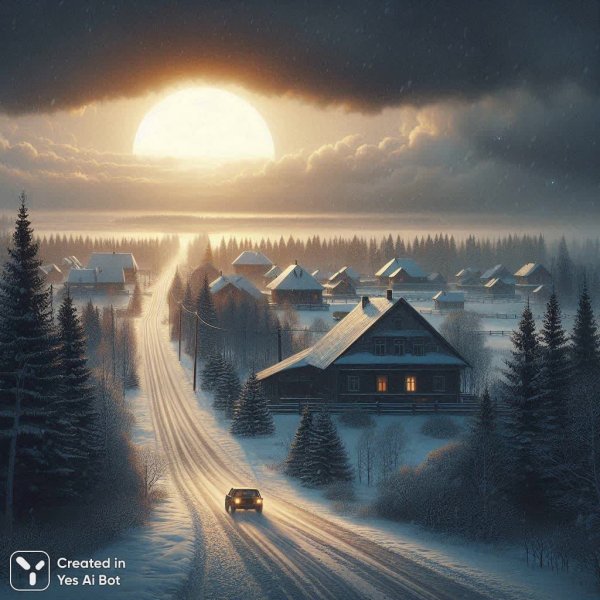 Заснеженная дорога в зимней северной дали и туман над горизонтом. Изображение из нейросети Dalle 3