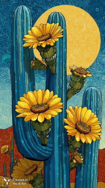 Кактус и цветы: яркий мир фантазий и солнечного света. Картинка из нейронной сети Миджорни