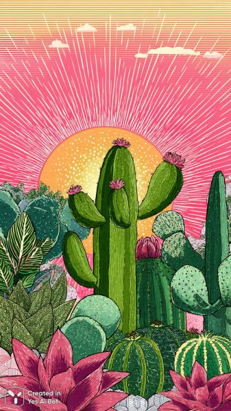 Яркий кактус и психоделическое солнце в абстрактном стиле. Генерация из нейросети Midjourney