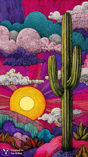 Яркий кактус в мультяшном стиле, красочный закат и абстрактные узоры создают радостную атмосферу. Генерация из нейронной сети Midjourney