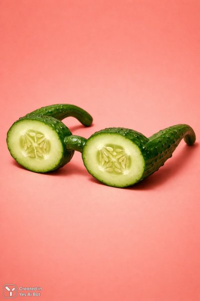 Огурцы-солнцезащитные очки на коралловом фоне: игривый и креативный снимок. Картинка из нейронной сети Sora images Ai