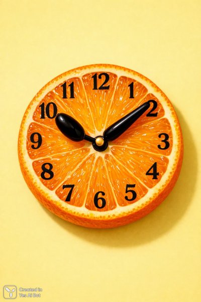 Апельсиновое время: сюрреалистичный циферблат с оливковыми стрелками и ярким фоном. Генерация из нейронной сети Sora Image