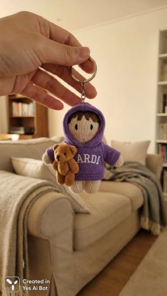 Рука с очаровательным брелоком плюшевой куклы в уютной спальне. Изображение из нейронной сети Nano Banana