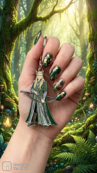 Эльфийский амулет: Магия Средиземья в деталях маникюра. Изображение из нейронной сети Nano-Banana