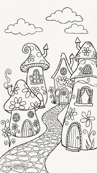 Очаровательные домики: черно-белая иллюстрация в детском стиле. Нейросеть Nano Banana