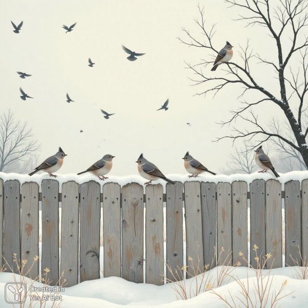 Зимнее спокойствие: птицы на заснеженном деревянном заборе в мягком свете. Нейронная сеть Flux.1